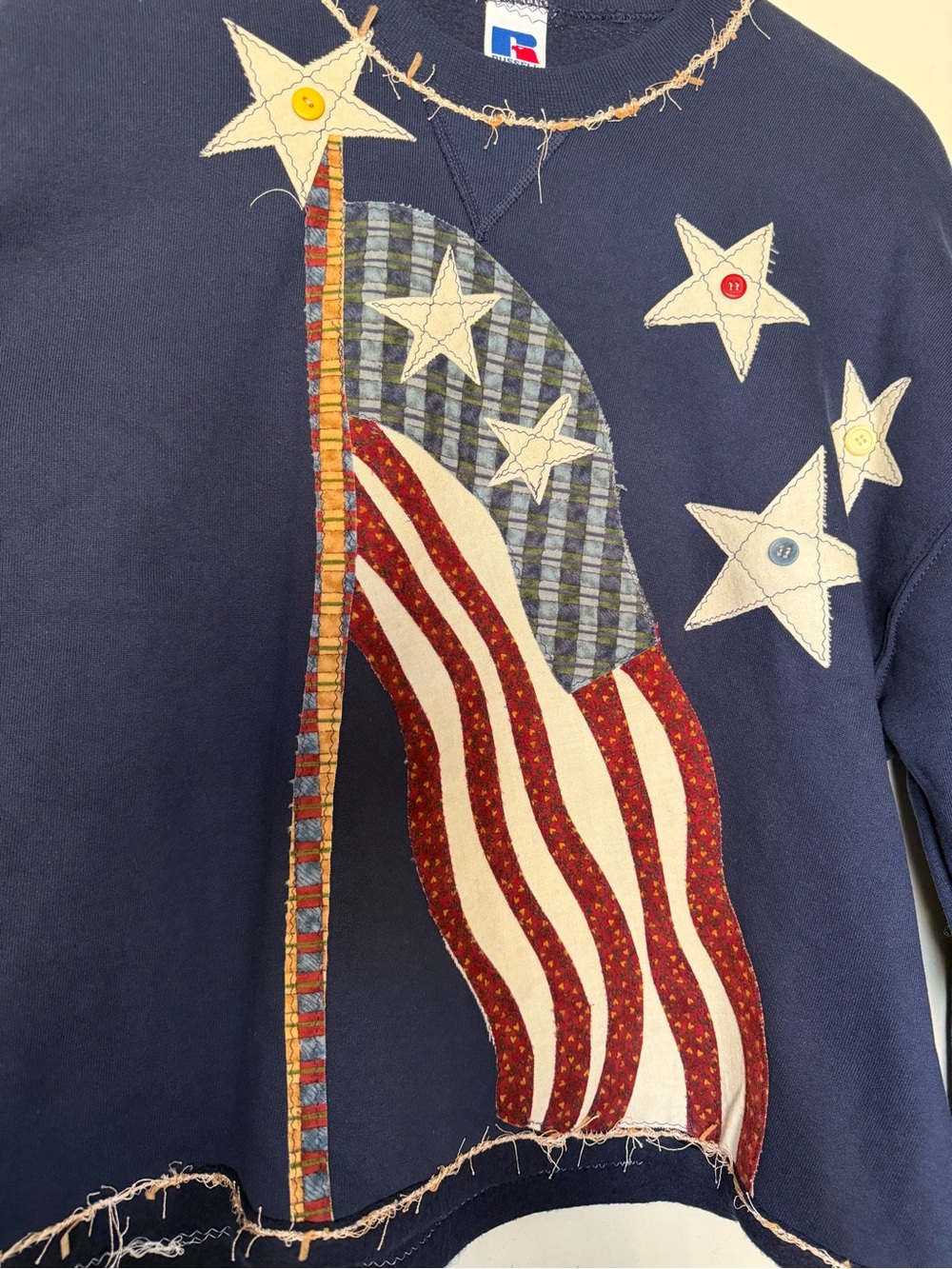 Vintage Russell Athletic USA Flag Patchwork Sweatshirt XL Navy Americana - Picture 3 of 10
